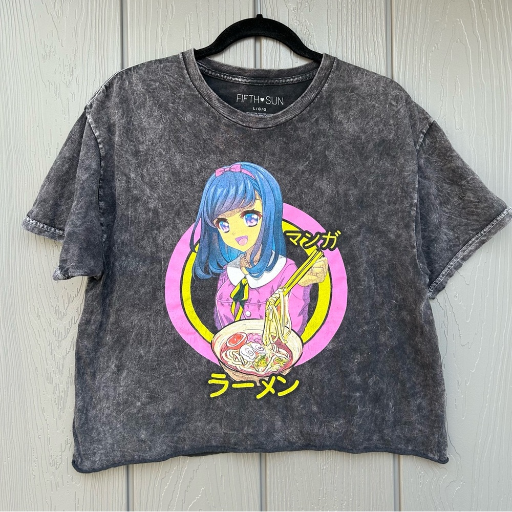 Fifth Sun Black Acid Wash Anime Graphic Crop Top Ramen Noodles Japanese Text Lrg
